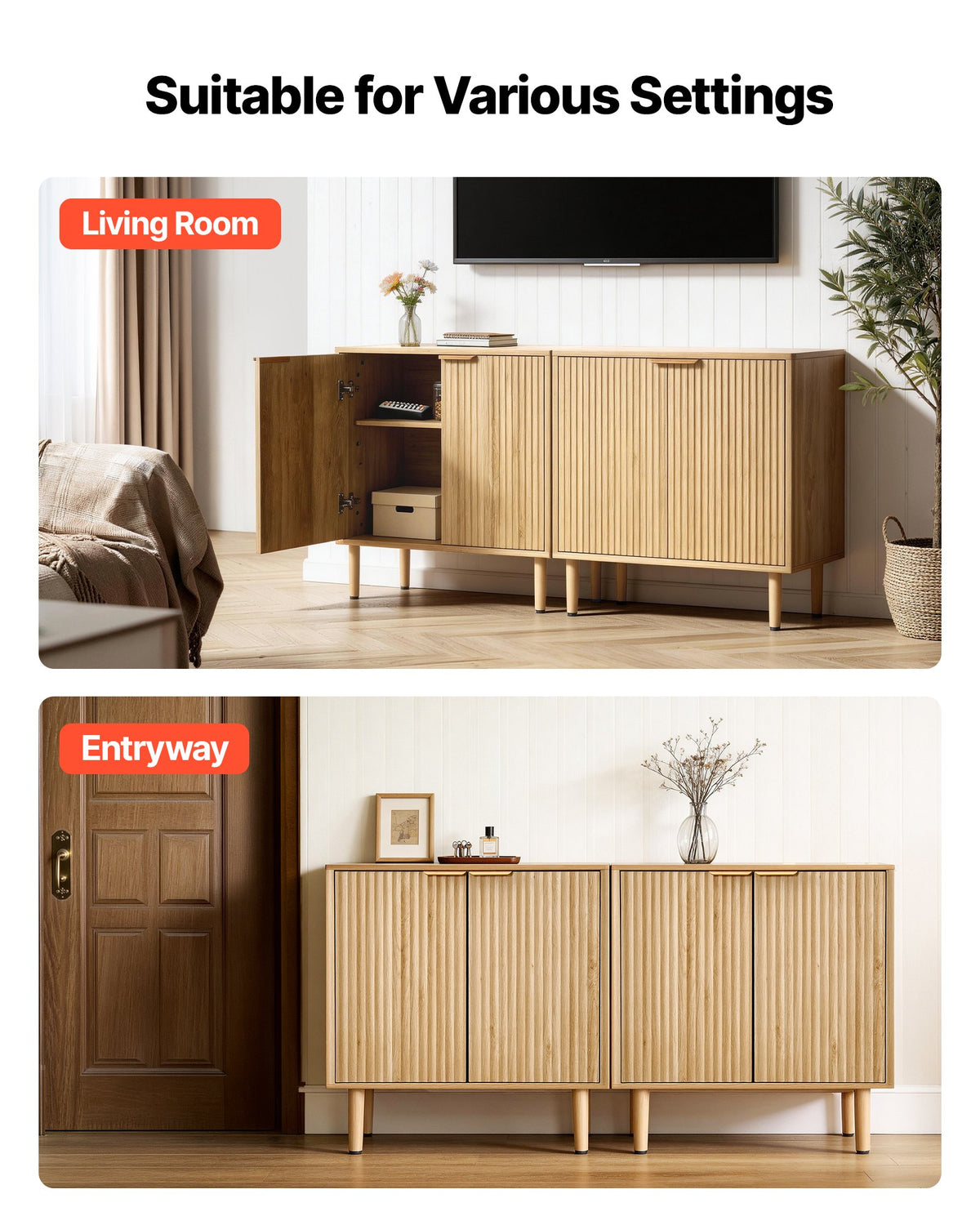 VEVOR Coffee Bar Cabinet, Mid Century Fluted Coffee Bar Table with 2-Tier Storage, Buffet Stand Cabinet with 2 Barn Door, Sideboard Buffet Station for Living Room, Entryway, 31.5 x 14.7 x 31.5 in, Oak - BSZSJ315YCYMN1VXL001V0 - view 8