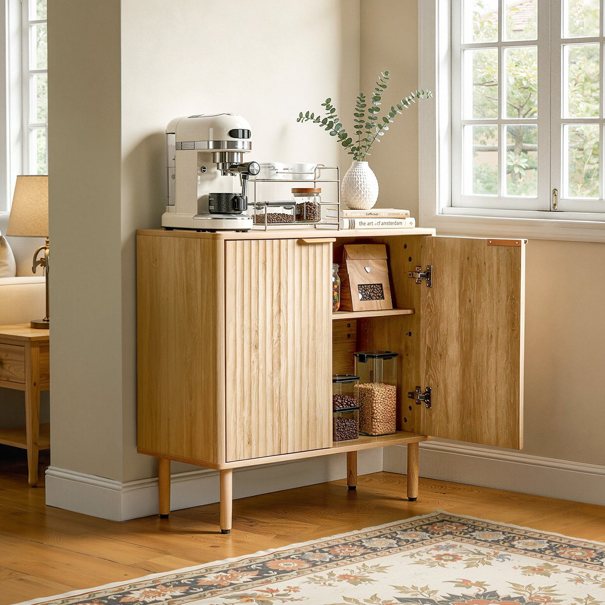 VEVOR Coffee Bar Cabinet, Mid Century Fluted Coffee Bar Table with 2-Tier Storage, Buffet Stand Cabinet with 2 Barn Door, Sideboard Buffet Station for Living Room, Entryway, 31.5 x 14.7 x 31.5 in, Oak - BSZSJ315YCYMN1VXL001V0 - view 9
