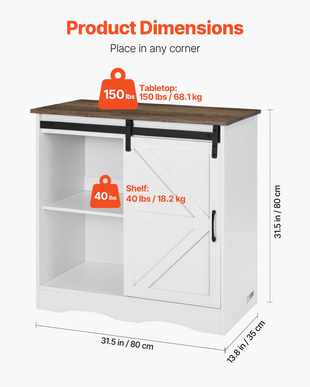 VEVOR Coffee Bar Cabinet, 31.5 x 13.8 x 31.5 in Farmhouse Coffee Bar Cabinet with 3-Tier Storage, Coffee Bar Table with Barn Door, Farmhouse Sideboard Buffet Cabinet for Living Room, Entryway - BSZSJ32YCZSB4C8PVV0 - view 4