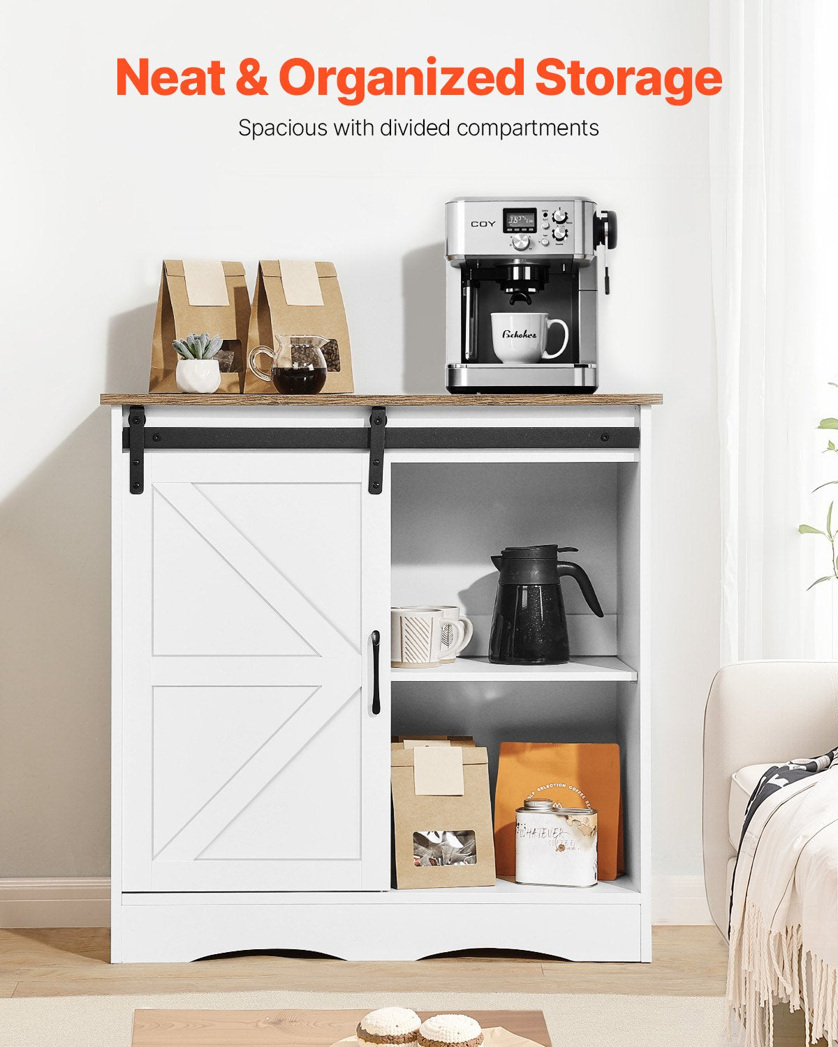 VEVOR Coffee Bar Cabinet, 31.5 x 13.8 x 31.5 in Farmhouse Coffee Bar Cabinet with 3-Tier Storage, Coffee Bar Table with Barn Door, Farmhouse Sideboard Buffet Cabinet for Living Room, Entryway - BSZSJ32YCZSB4C8PVV0 - view 6