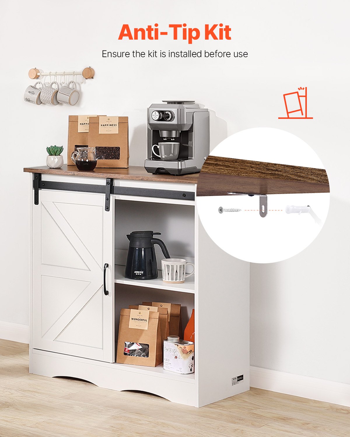 VEVOR Coffee Bar Cabinet, 31.5 x 13.8 x 31.5 in Farmhouse Coffee Bar Cabinet with 3-Tier Storage, Coffee Bar Table with Barn Door, Farmhouse Sideboard Buffet Cabinet for Living Room, Entryway - BSZSJ32YCZSB4C8PVV0 - view 8