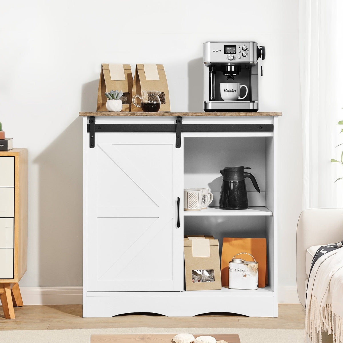 VEVOR Coffee Bar Cabinet, 31.5 x 13.8 x 31.5 in Farmhouse Coffee Bar Cabinet with 3-Tier Storage, Coffee Bar Table with Barn Door, Farmhouse Sideboard Buffet Cabinet for Living Room, Entryway - BSZSJ32YCZSB4C8PVV0 - view 9