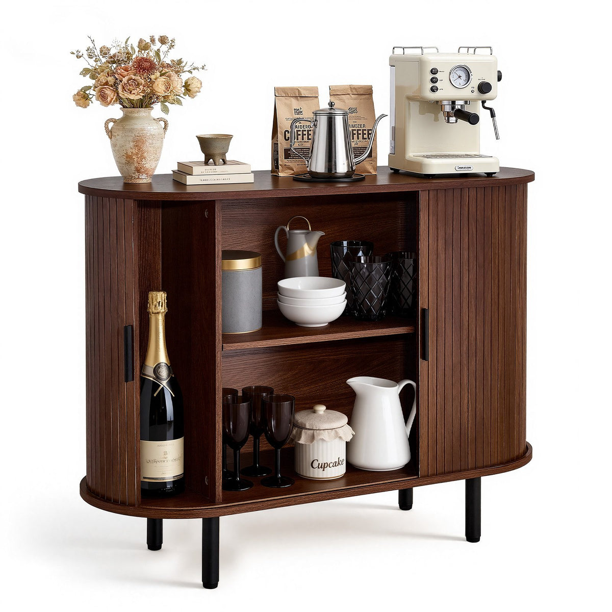 VEVOR Coffee Bar Cabinet, Mid Century Fluted Coffee Bar Table, Buffet Stand Cabinet with 2 Sliding Doors, Sideboard Buffet Station for Living Room, Entryway, Kitchen, 39.3 x 15.7 x 29.5 in, Walnut - BSZSJ40YCHTSY72FM001V0 - view 1