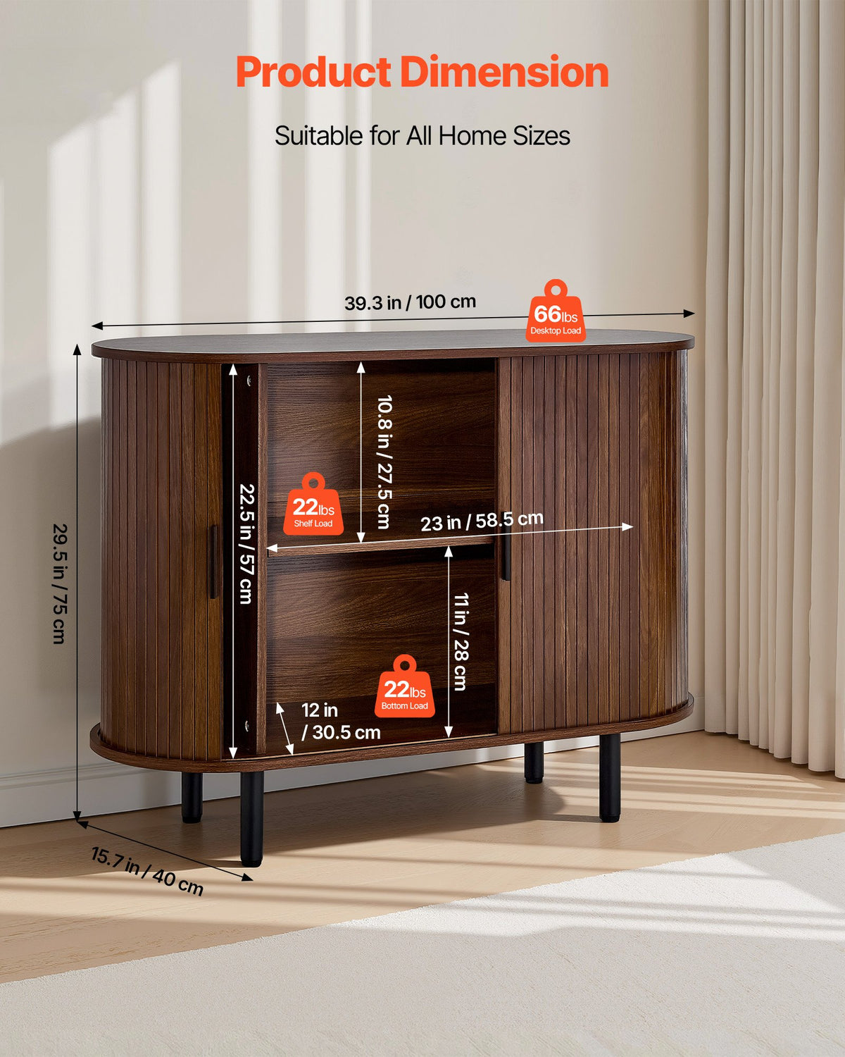 VEVOR Coffee Bar Cabinet, Mid Century Fluted Coffee Bar Table, Buffet Stand Cabinet with 2 Sliding Doors, Sideboard Buffet Station for Living Room, Entryway, Kitchen, 39.3 x 15.7 x 29.5 in, Walnut - BSZSJ40YCHTSY72FM001V0 - view 4