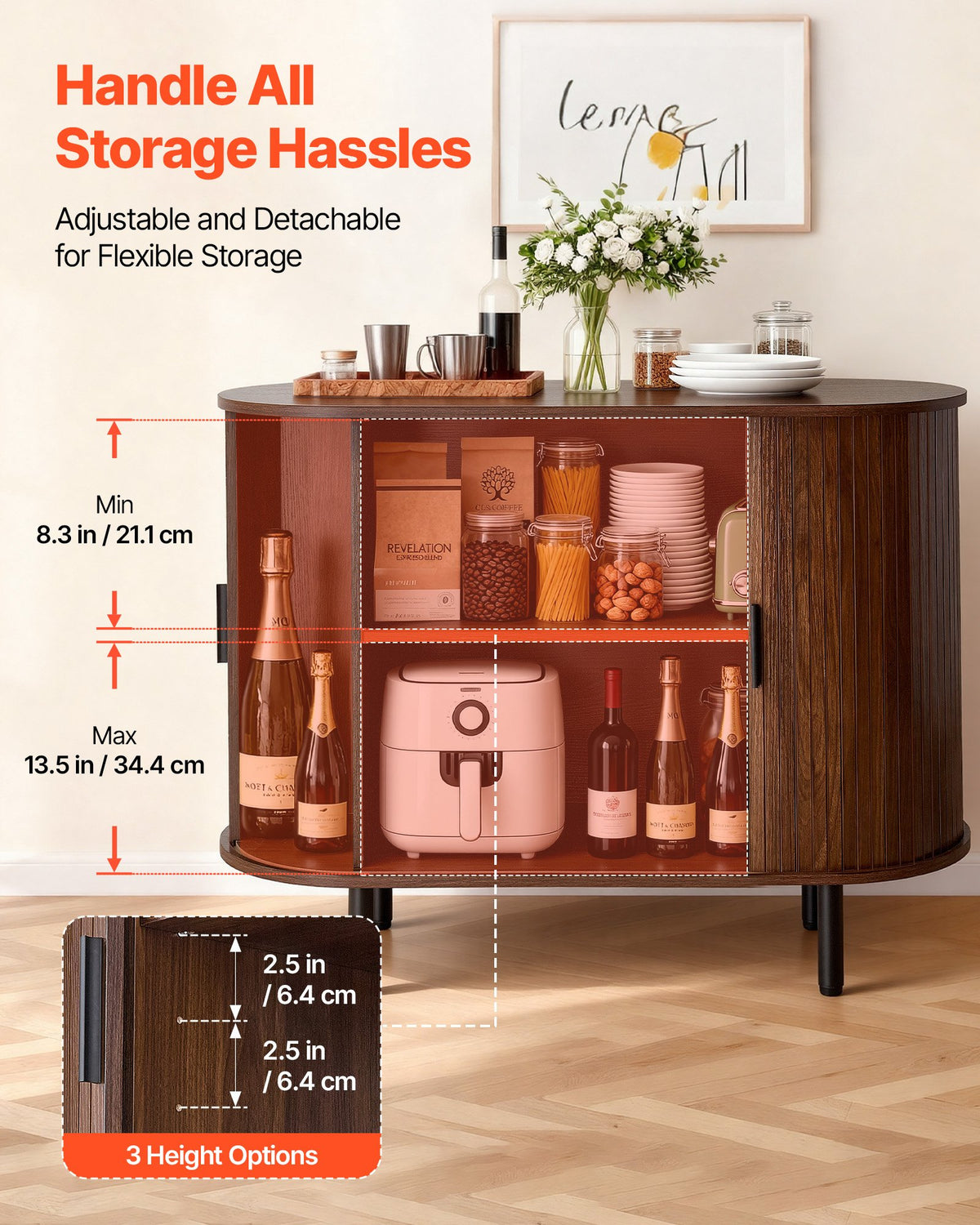 VEVOR Coffee Bar Cabinet, Mid Century Fluted Coffee Bar Table, Buffet Stand Cabinet with 2 Sliding Doors, Sideboard Buffet Station for Living Room, Entryway, Kitchen, 39.3 x 15.7 x 29.5 in, Walnut - BSZSJ40YCHTSY72FM001V0 - view 5