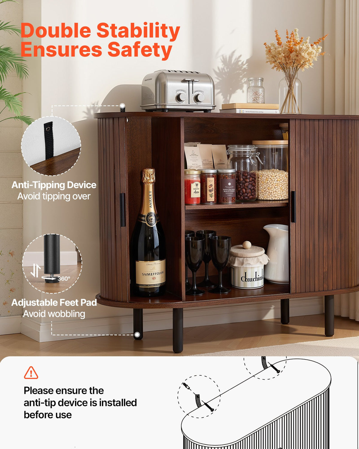VEVOR Coffee Bar Cabinet, Mid Century Fluted Coffee Bar Table, Buffet Stand Cabinet with 2 Sliding Doors, Sideboard Buffet Station for Living Room, Entryway, Kitchen, 39.3 x 15.7 x 29.5 in, Walnut - BSZSJ40YCHTSY72FM001V0 - view 7