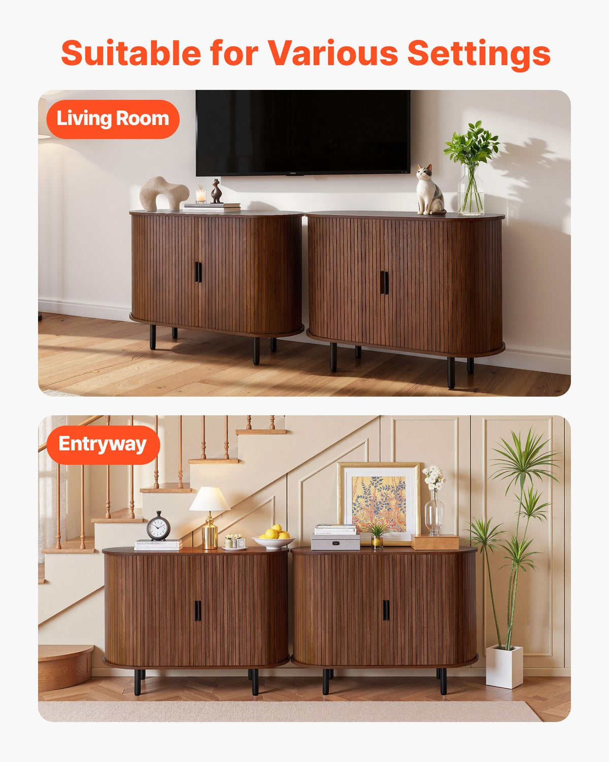 VEVOR Coffee Bar Cabinet, Mid Century Fluted Coffee Bar Table, Buffet Stand Cabinet with 2 Sliding Doors, Sideboard Buffet Station for Living Room, Entryway, Kitchen, 39.3 x 15.7 x 29.5 in, Walnut - BSZSJ40YCHTSY72FM001V0 - view 8