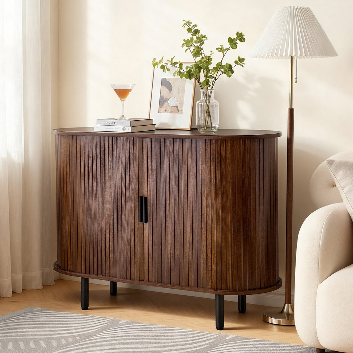 VEVOR Coffee Bar Cabinet, Mid Century Fluted Coffee Bar Table, Buffet Stand Cabinet with 2 Sliding Doors, Sideboard Buffet Station for Living Room, Entryway, Kitchen, 39.3 x 15.7 x 29.5 in, Walnut - BSZSJ40YCHTSY72FM001V0 - view 9