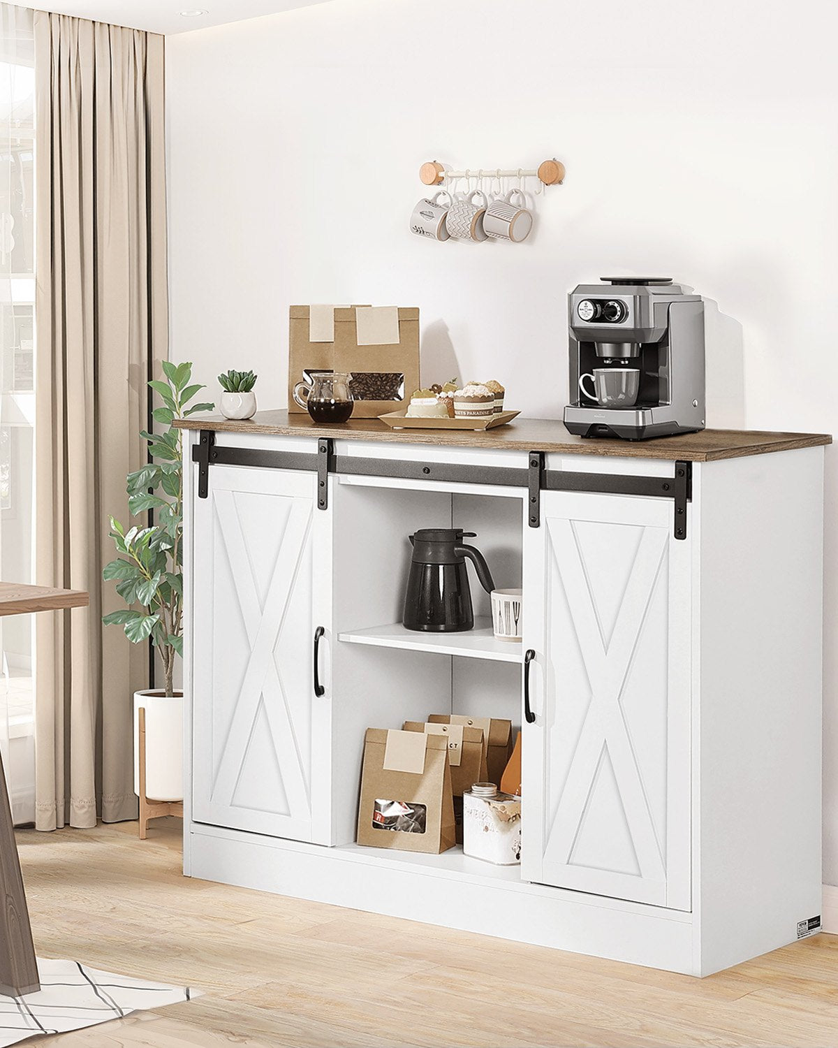VEVOR Coffee Bar Cabinet, 41.8 x 15.8 x 32.1 in Farmhouse Coffee Bar Cabinet with 3-Tier Storage, Coffee Bar Table with Barn Doors, Farmhouse Sideboard Buffet Cabinet for Living Room, Entryway - BSZSJ42YCZSBL74QGV0 - view 3