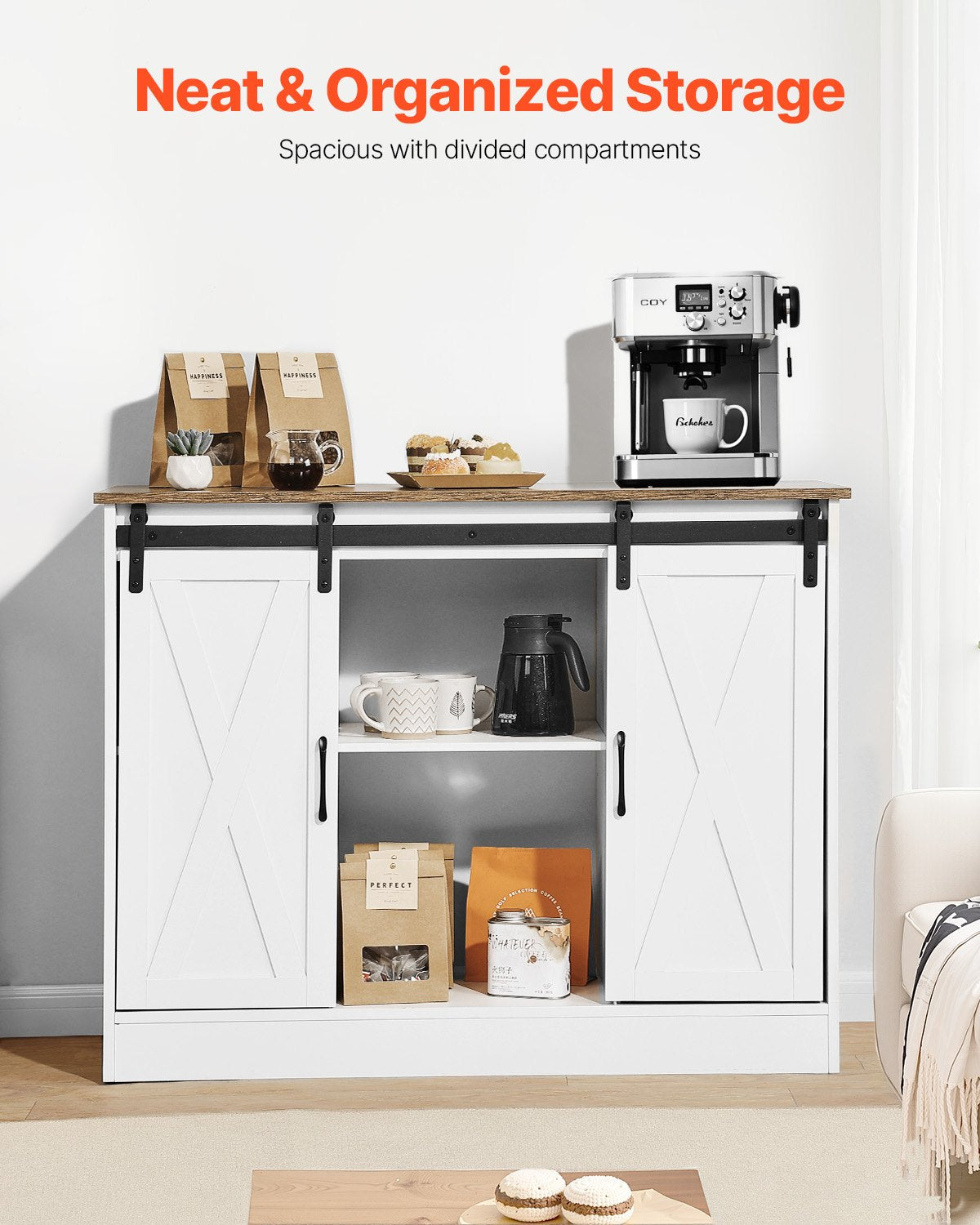 VEVOR Coffee Bar Cabinet, 41.8 x 15.8 x 32.1 in Farmhouse Coffee Bar Cabinet with 3-Tier Storage, Coffee Bar Table with Barn Doors, Farmhouse Sideboard Buffet Cabinet for Living Room, Entryway - BSZSJ42YCZSBL74QGV0 - view 6