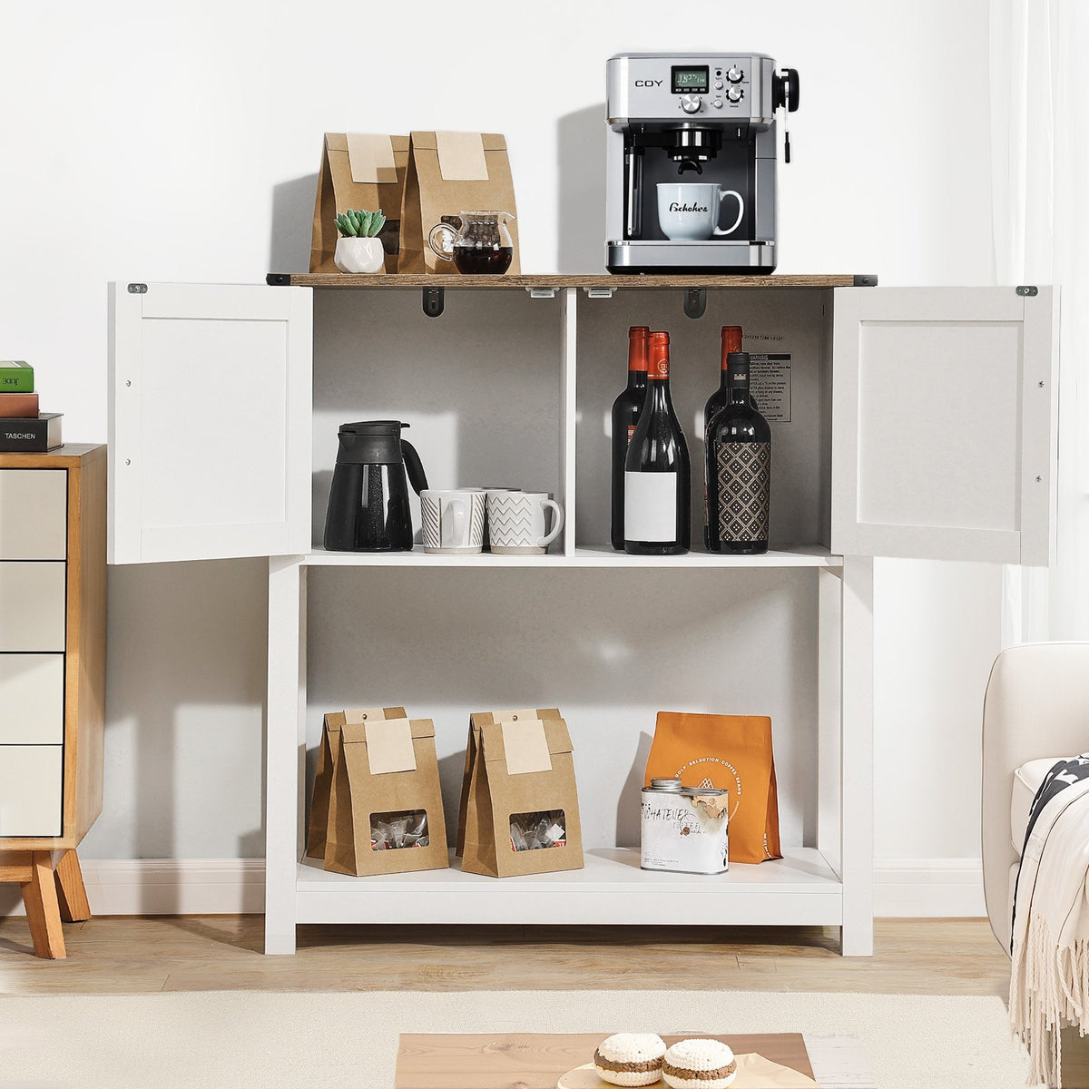 VEVOR Coffee Bar Cabinet, 41.8 x 15.8 x 32.1 in Farmhouse Coffee Bar Cabinet with 3-Tier Storage, Coffee Bar Table with Barn Doors, Farmhouse Sideboard Buffet Cabinet for Living Room, Entryway - BSZSJ42YCZSBL74QGV0 - view 9