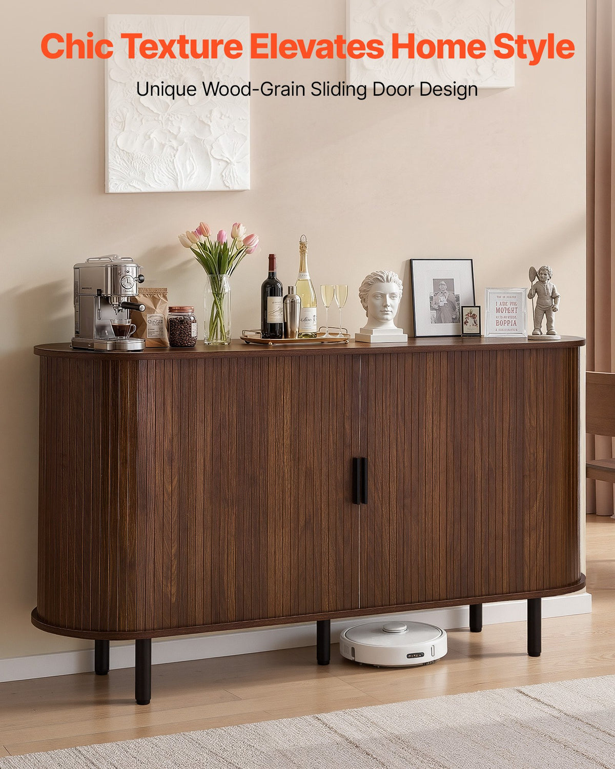 VEVOR Coffee Bar Cabinet, Mid Century Fluted Coffee Bar Table, Buffet Stand Cabinet with 2 Sliding Doors, Sideboard Buffet Station for Living Room, Entryway, Kitchen, 55.1 x 15.7 x 29.5 in, Walnut - BSZSJ55YCHTS9AVAQ001V0 - view 3