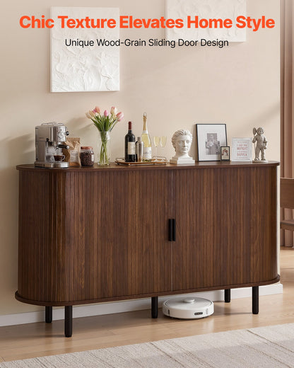 VEVOR Coffee Bar Cabinet, Mid Century Fluted Coffee Bar Table, Buffet Stand Cabinet with 2 Sliding Doors, Sideboard Buffet Station for Living Room, Entryway, Kitchen, 55.1 x 15.7 x 29.5 in, Walnut - BSZSJ55YCHTS9AVAQ001V0 - view 3