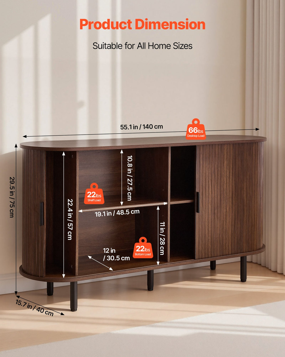VEVOR Coffee Bar Cabinet, Mid Century Fluted Coffee Bar Table, Buffet Stand Cabinet with 2 Sliding Doors, Sideboard Buffet Station for Living Room, Entryway, Kitchen, 55.1 x 15.7 x 29.5 in, Walnut - BSZSJ55YCHTS9AVAQ001V0 - view 4