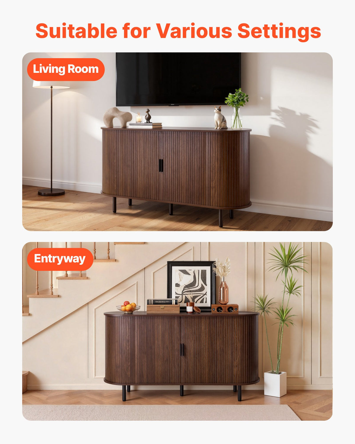VEVOR Coffee Bar Cabinet, Mid Century Fluted Coffee Bar Table, Buffet Stand Cabinet with 2 Sliding Doors, Sideboard Buffet Station for Living Room, Entryway, Kitchen, 55.1 x 15.7 x 29.5 in, Walnut - BSZSJ55YCHTS9AVAQ001V0 - view 8