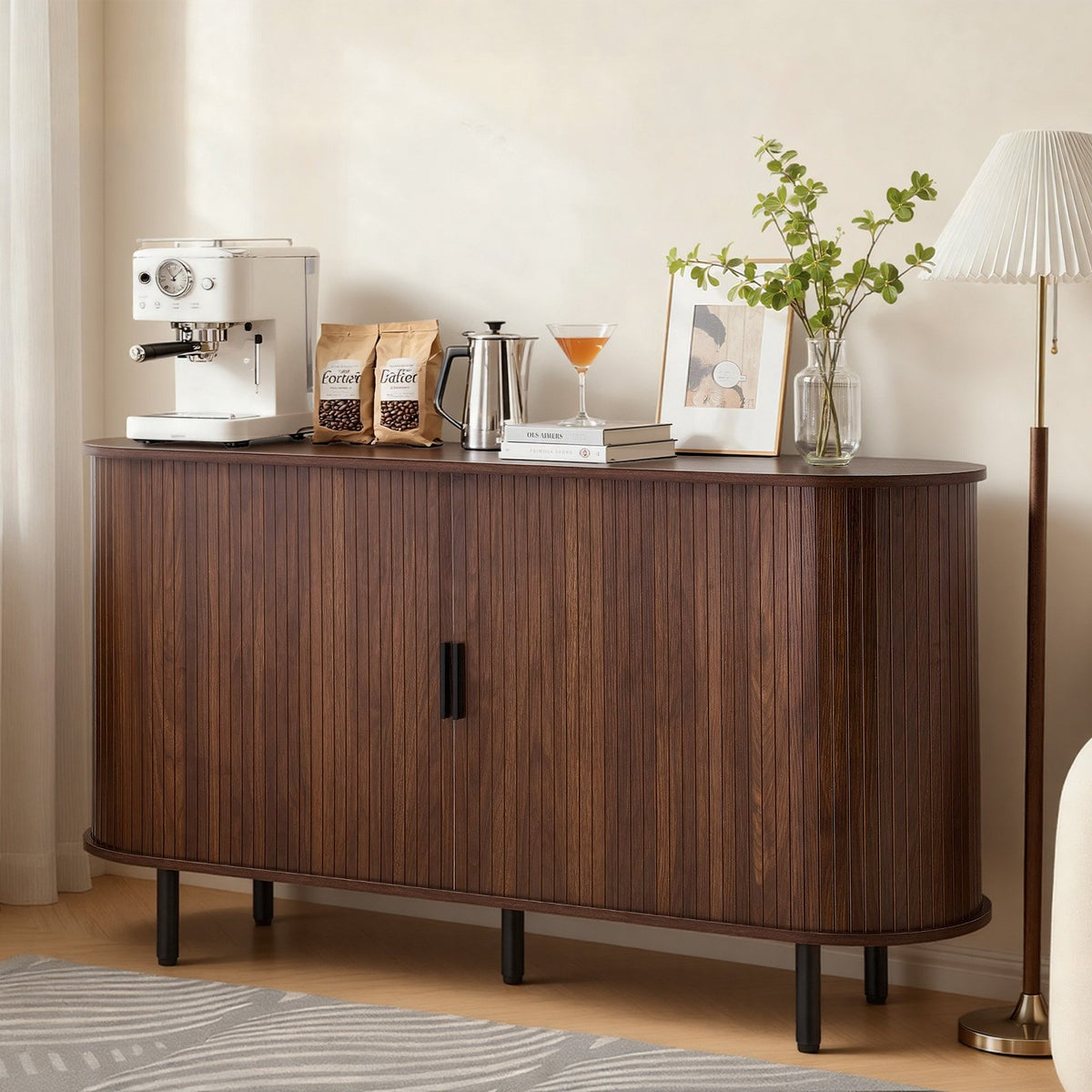 VEVOR Coffee Bar Cabinet, Mid Century Fluted Coffee Bar Table, Buffet Stand Cabinet with 2 Sliding Doors, Sideboard Buffet Station for Living Room, Entryway, Kitchen, 55.1 x 15.7 x 29.5 in, Walnut - BSZSJ55YCHTS9AVAQ001V0 - view 9