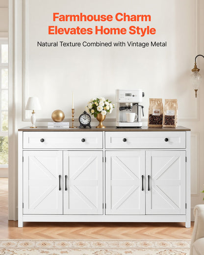 VEVOR Coffee Bar Cabinet, Farmhouse Coffee Bar Table with 2 Drawers, Buffet Stand Cabinet with 4 Barn Doors, Sideboard Buffet Station for Living Room, Entryway, Kitchen, 55.1 x 15.5 x 31.5 in, White - BSZSJ55YCZSBALR2H001V0 - view 3