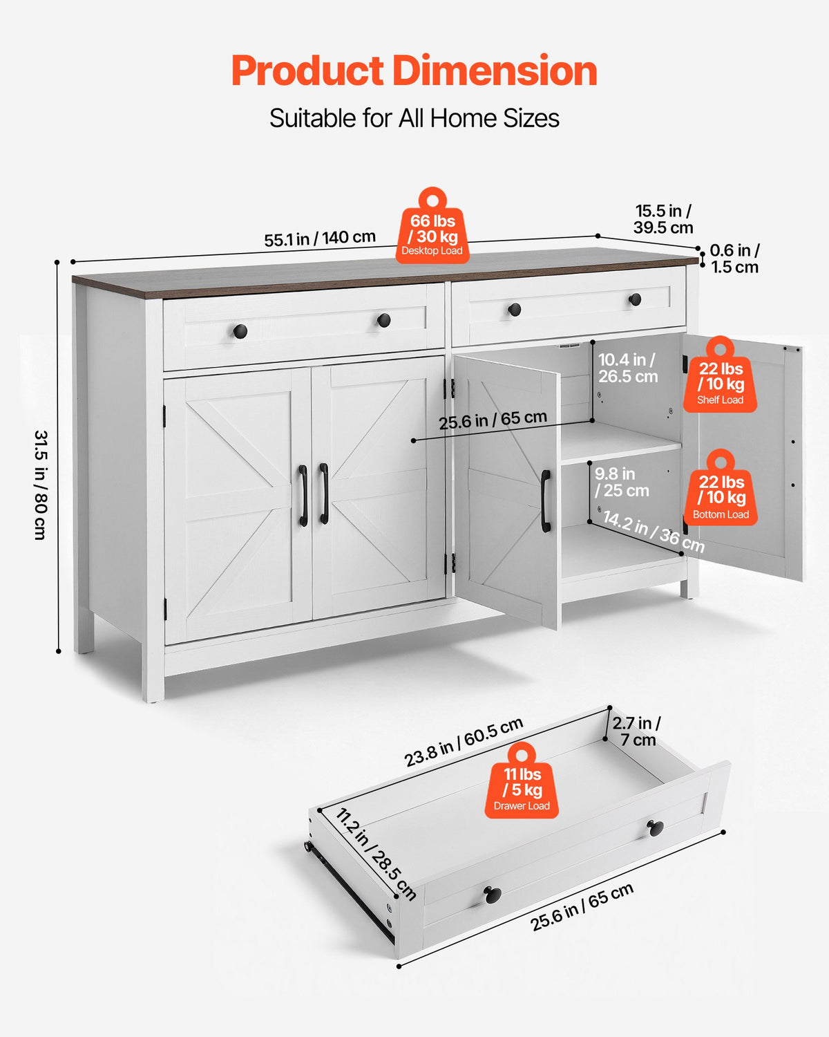 VEVOR Coffee Bar Cabinet, Farmhouse Coffee Bar Table with 2 Drawers, Buffet Stand Cabinet with 4 Barn Doors, Sideboard Buffet Station for Living Room, Entryway, Kitchen, 55.1 x 15.5 x 31.5 in, White - BSZSJ55YCZSBALR2H001V0 - view 4