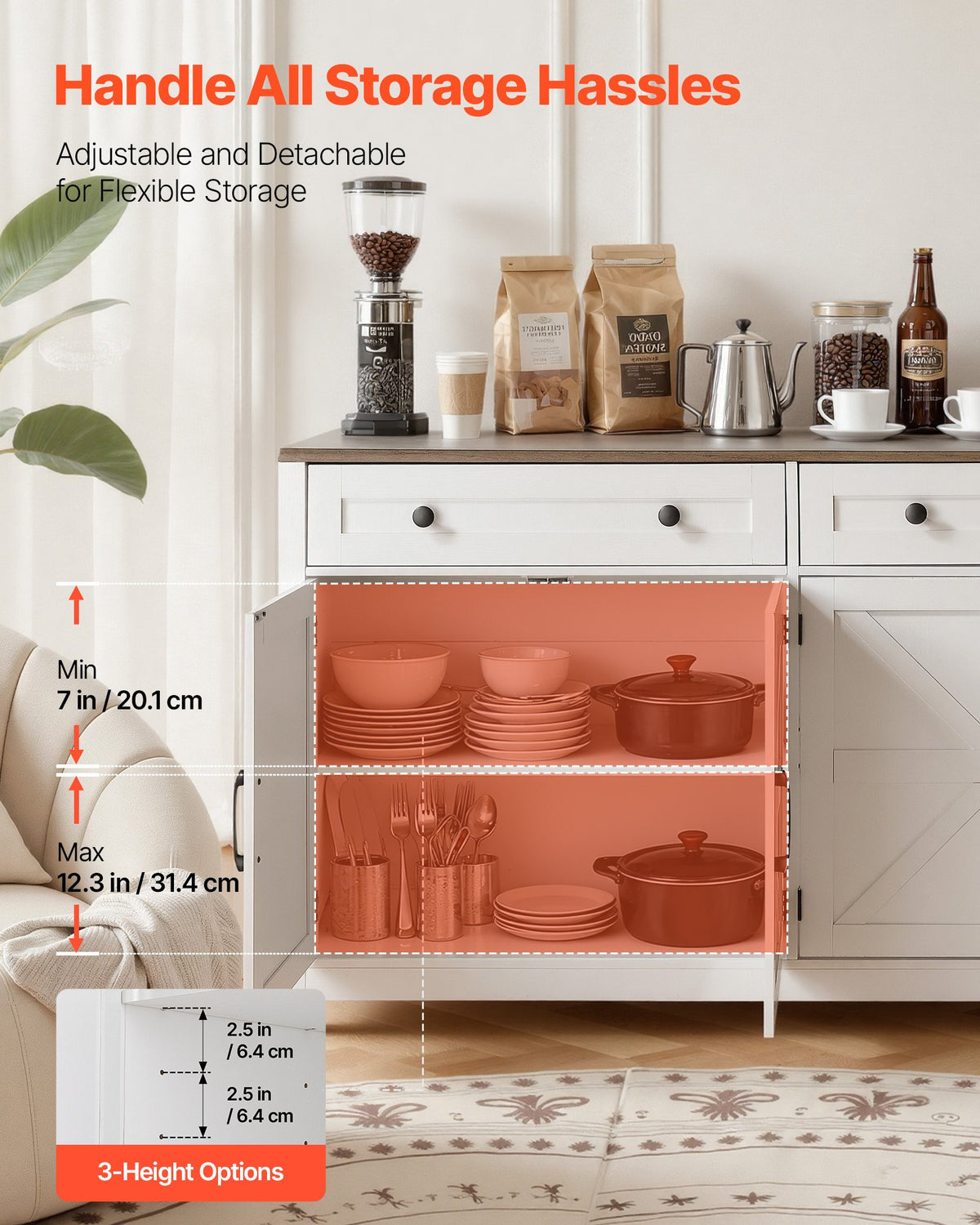 VEVOR Coffee Bar Cabinet, Farmhouse Coffee Bar Table with 2 Drawers, Buffet Stand Cabinet with 4 Barn Doors, Sideboard Buffet Station for Living Room, Entryway, Kitchen, 55.1 x 15.5 x 31.5 in, White - BSZSJ55YCZSBALR2H001V0 - view 5
