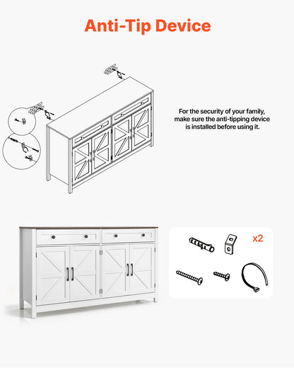 VEVOR Coffee Bar Cabinet, Farmhouse Coffee Bar Table with 2 Drawers, Buffet Stand Cabinet with 4 Barn Doors, Sideboard Buffet Station for Living Room, Entryway, Kitchen, 55.1 x 15.5 x 31.5 in, White - BSZSJ55YCZSBALR2H001V0 - view 7
