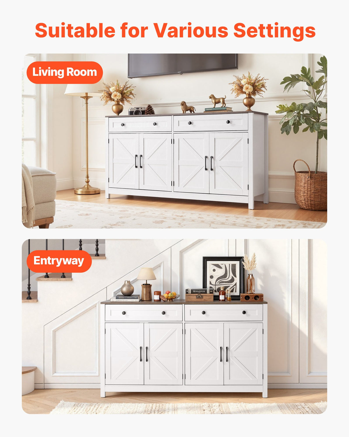 VEVOR Coffee Bar Cabinet, Farmhouse Coffee Bar Table with 2 Drawers, Buffet Stand Cabinet with 4 Barn Doors, Sideboard Buffet Station for Living Room, Entryway, Kitchen, 55.1 x 15.5 x 31.5 in, White - BSZSJ55YCZSBALR2H001V0 - view 8