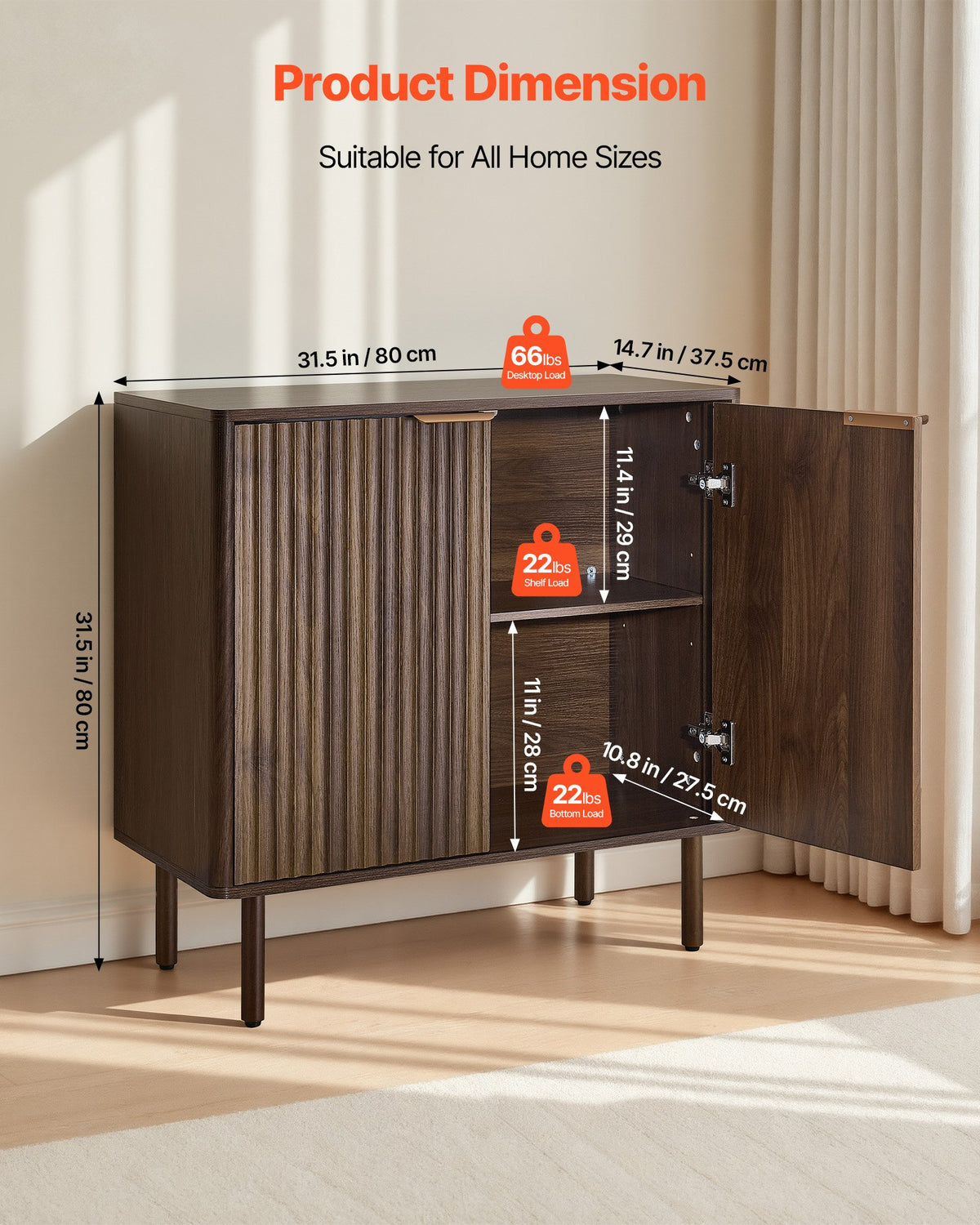 VEVOR Coffee Bar Cabinet, Mid Century Fluted Coffee Bar Table with 2-Tier Storage, Buffet Stand Cabinet with Barn Door, Sideboard Buffet Station for Living Room, Entryway, 31.5 x 14.7 x 31.5 in Walnut - BSZSJ63YCHTSU6X5P001V0 - view 4