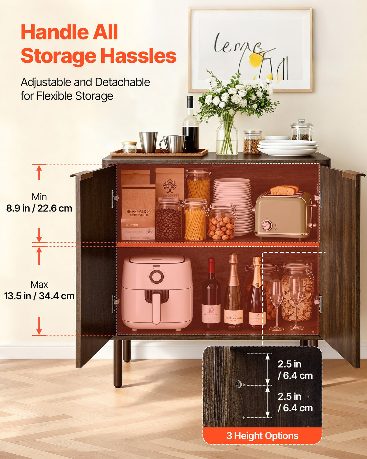 VEVOR Coffee Bar Cabinet, Mid Century Fluted Coffee Bar Table with 2-Tier Storage, Buffet Stand Cabinet with Barn Door, Sideboard Buffet Station for Living Room, Entryway, 31.5 x 14.7 x 31.5 in Walnut - BSZSJ63YCHTSU6X5P001V0 - view 5