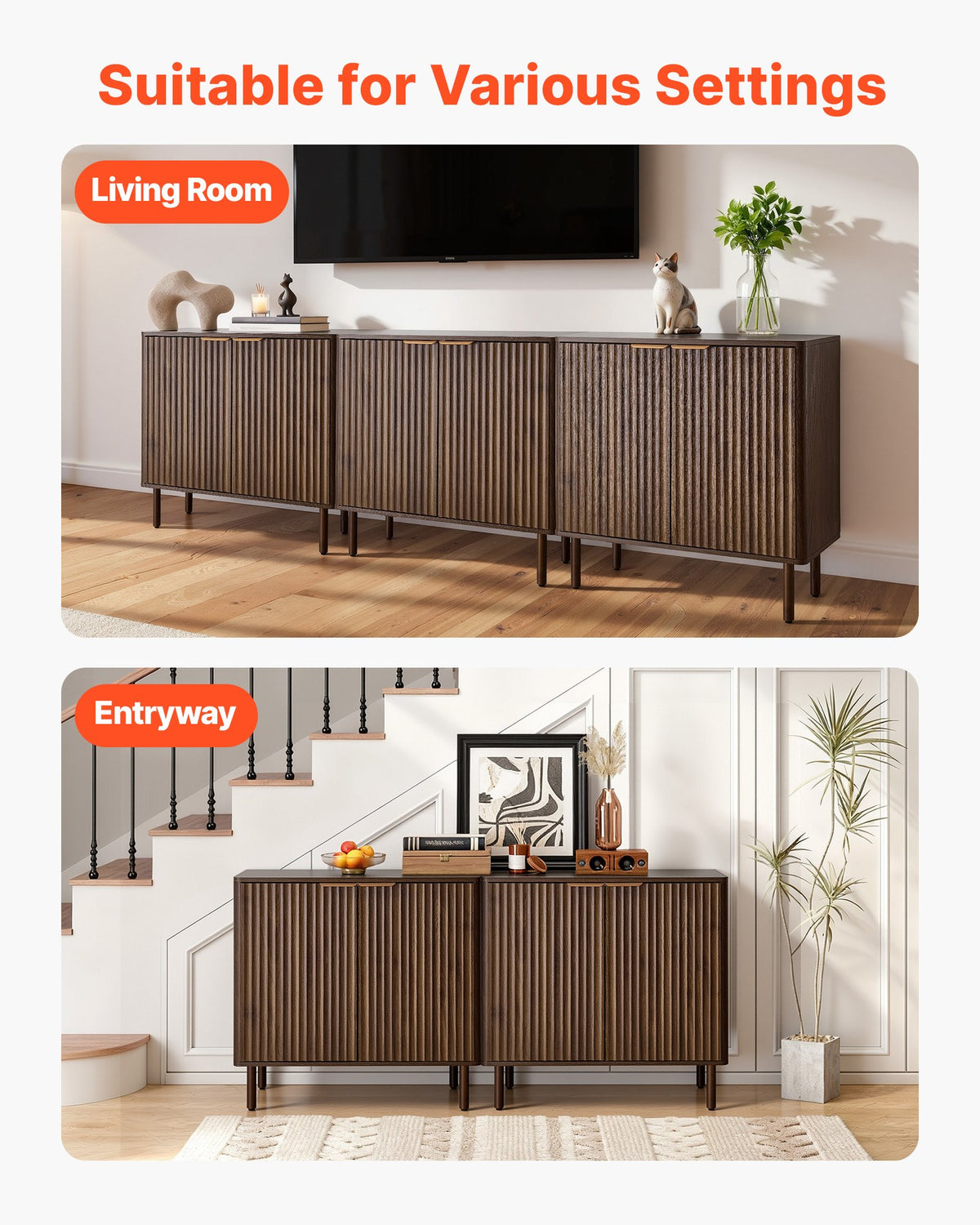 VEVOR Coffee Bar Cabinet, Mid Century Fluted Coffee Bar Table with 2-Tier Storage, Buffet Stand Cabinet with Barn Door, Sideboard Buffet Station for Living Room, Entryway, 31.5 x 14.7 x 31.5 in Walnut - BSZSJ63YCHTSU6X5P001V0 - view 8