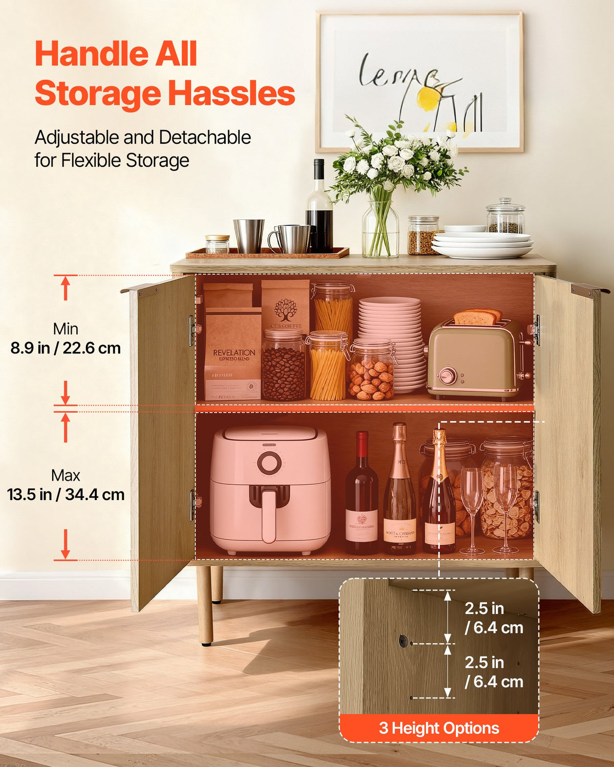VEVOR Coffee Bar Cabinet, Mid Century Fluted Coffee Bar Table with 2-Tier Storage, Buffet Stand Cabinet with 4 Barn Doors, Sideboard Buffet Station for Living Room, Entryway, 31.5x14.7x31.5 in(Single) - BSZSJ63YCYMSRJB1A001V0 - view 5