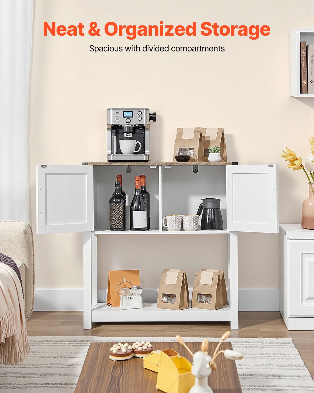 VEVOR Coffee Bar Cabinet, 31.5 x 13.8 x 34.6 in Farmhouse Coffee Bar Cabinet with 3-Tier Storage, Coffee Bar Table with Magnet Doors, Farmhouse Sideboard Buffet Cabinet for Living Room, Entryway - BSZSJSJLMK30Z362SV0 - view 6