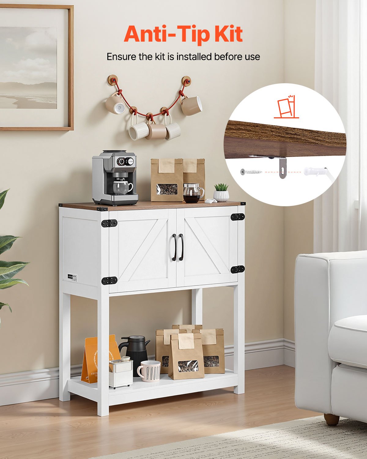 VEVOR Coffee Bar Cabinet, 31.5 x 13.8 x 34.6 in Farmhouse Coffee Bar Cabinet with 3-Tier Storage, Coffee Bar Table with Magnet Doors, Farmhouse Sideboard Buffet Cabinet for Living Room, Entryway - BSZSJSJLMK30Z362SV0 - view 8