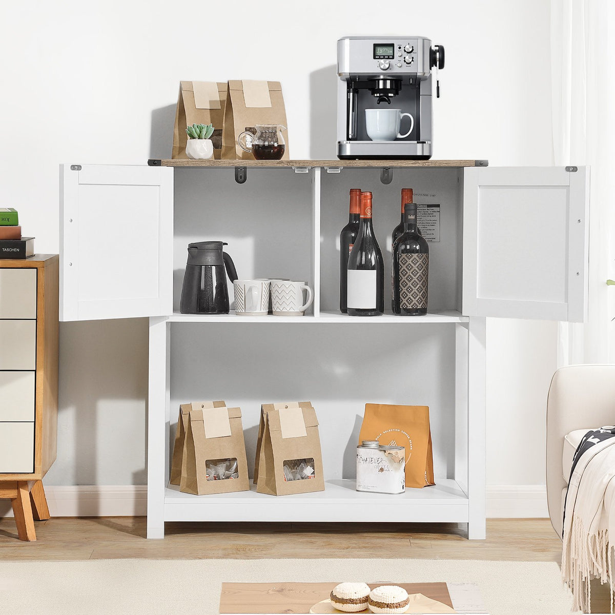 VEVOR Coffee Bar Cabinet, 31.5 x 13.8 x 34.6 in Farmhouse Coffee Bar Cabinet with 3-Tier Storage, Coffee Bar Table with Magnet Doors, Farmhouse Sideboard Buffet Cabinet for Living Room, Entryway - BSZSJSJLMK30Z362SV0 - view 9