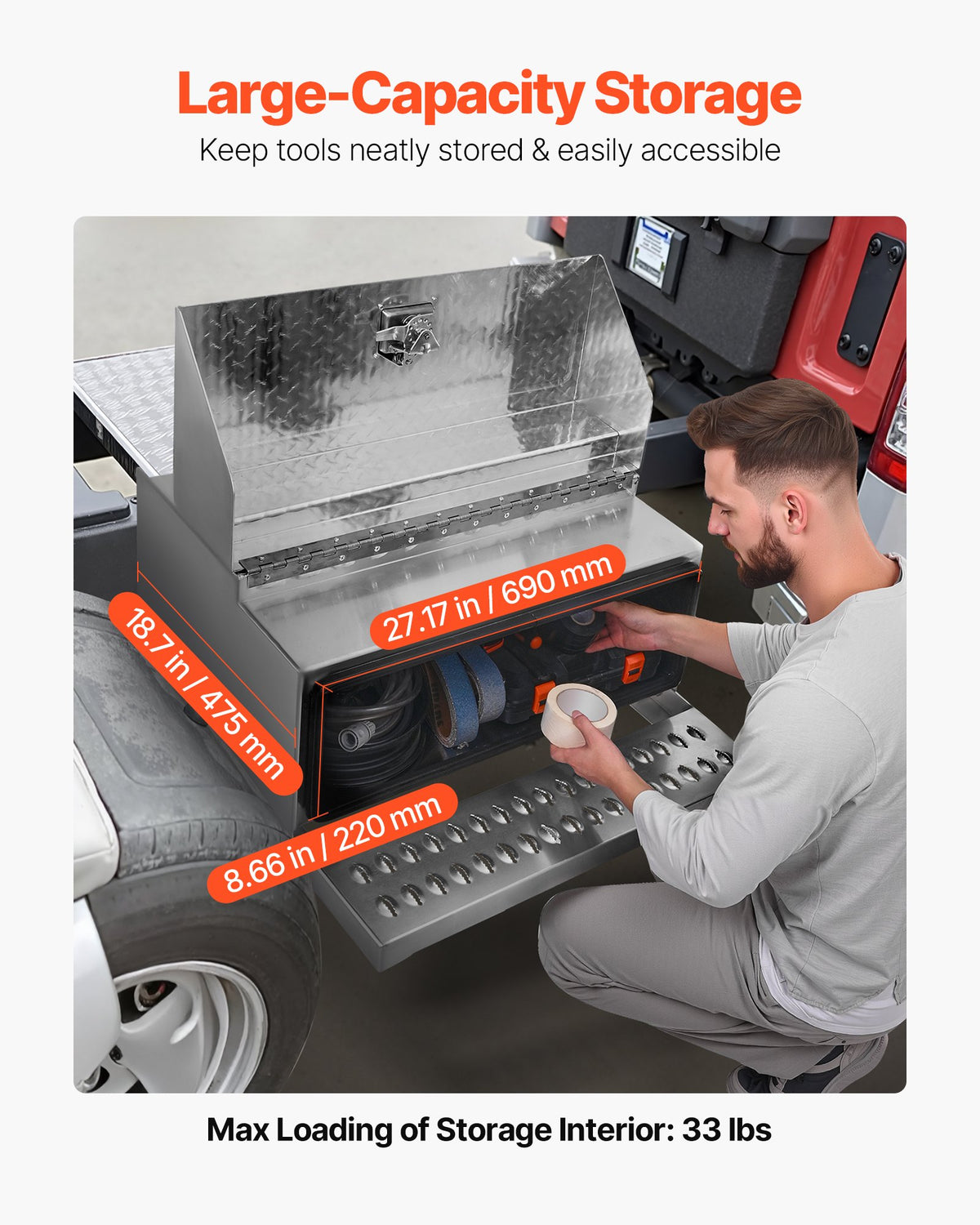 VEVOR Semi-Truck Step Tool Box, 30" x 29.5" x 15.8" Heavy Duty Aluminum Diamond Plate Toolbox, Waterproof Cab Entry Step Storage Box with T-Handle Lock & Keys for Flatbed, Crane, and Semi Trucks - BTGJXBTGJX2TCK6F0001V0 - view 5