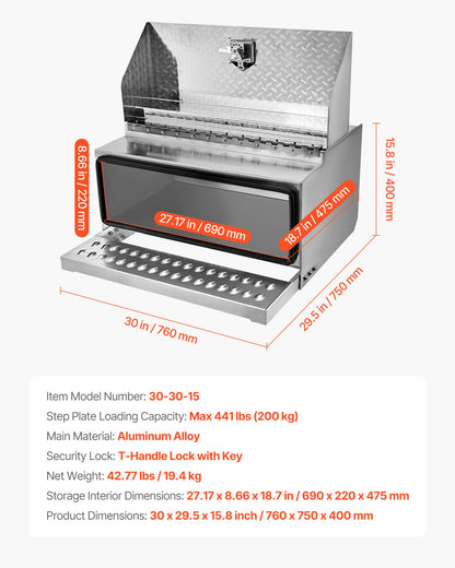 VEVOR Semi-Truck Step Tool Box, 30" x 29.5" x 15.8" Heavy Duty Aluminum Diamond Plate Toolbox, Waterproof Cab Entry Step Storage Box with T-Handle Lock & Keys for Flatbed, Crane, and Semi Trucks - BTGJXBTGJX2TCK6F0001V0 - view 8