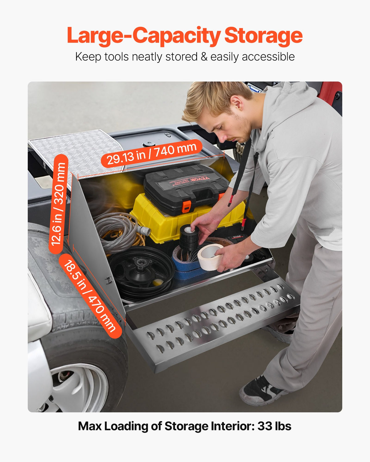 VEVOR Semi-Truck Step Tool Box, 31" x 30" x 19" Heavy Duty Aluminum Diamond Plate Toolbox, Waterproof Cab Entry Step Storage Box with Shock-Absorbing Latch for Flatbed, Crane, and Semi Trucks - BTGJXBTGJX2TTCBJ7001V0 - view 5