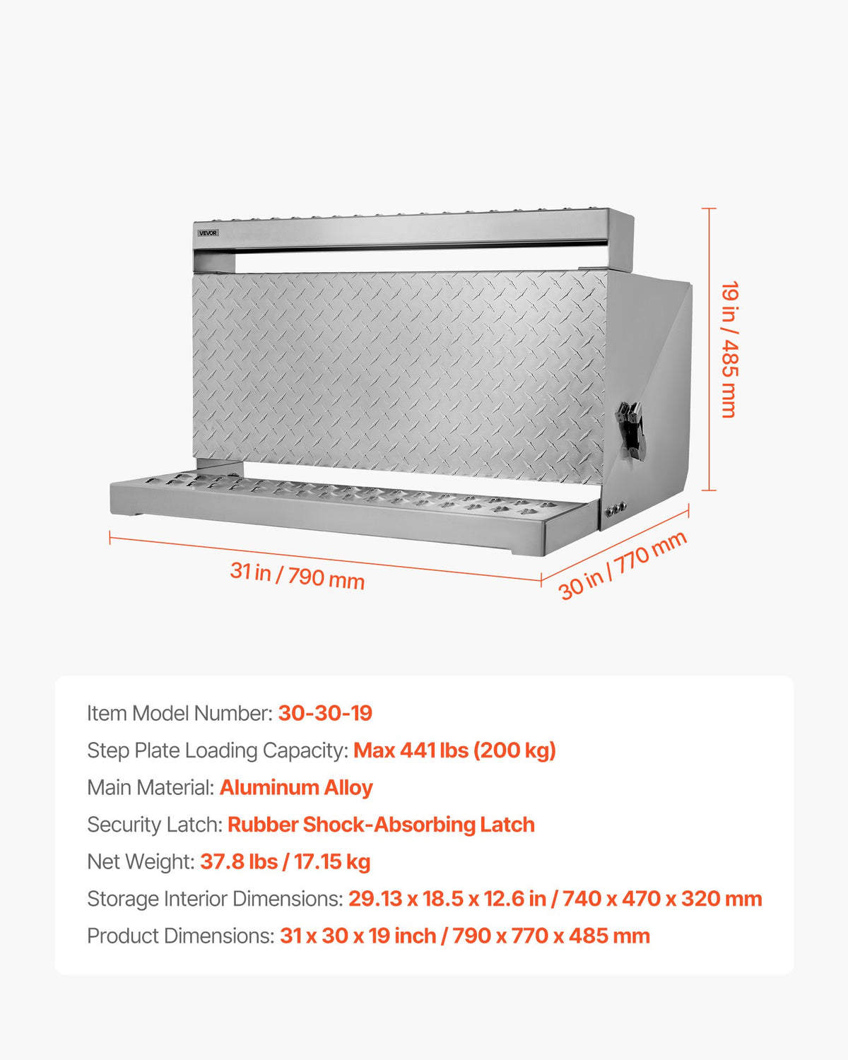 VEVOR Semi-Truck Step Tool Box, 31" x 30" x 19" Heavy Duty Aluminum Diamond Plate Toolbox, Waterproof Cab Entry Step Storage Box with Shock-Absorbing Latch for Flatbed, Crane, and Semi Trucks - BTGJXBTGJX2TTCBJ7001V0 - view 8