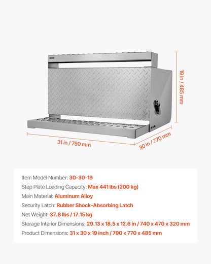 VEVOR Semi-Truck Step Tool Box, 31" x 30" x 19" Heavy Duty Aluminum Diamond Plate Toolbox, Waterproof Cab Entry Step Storage Box with Shock-Absorbing Latch for Flatbed, Crane, and Semi Trucks - BTGJXBTGJX2TTCBJ7001V0 - view 8