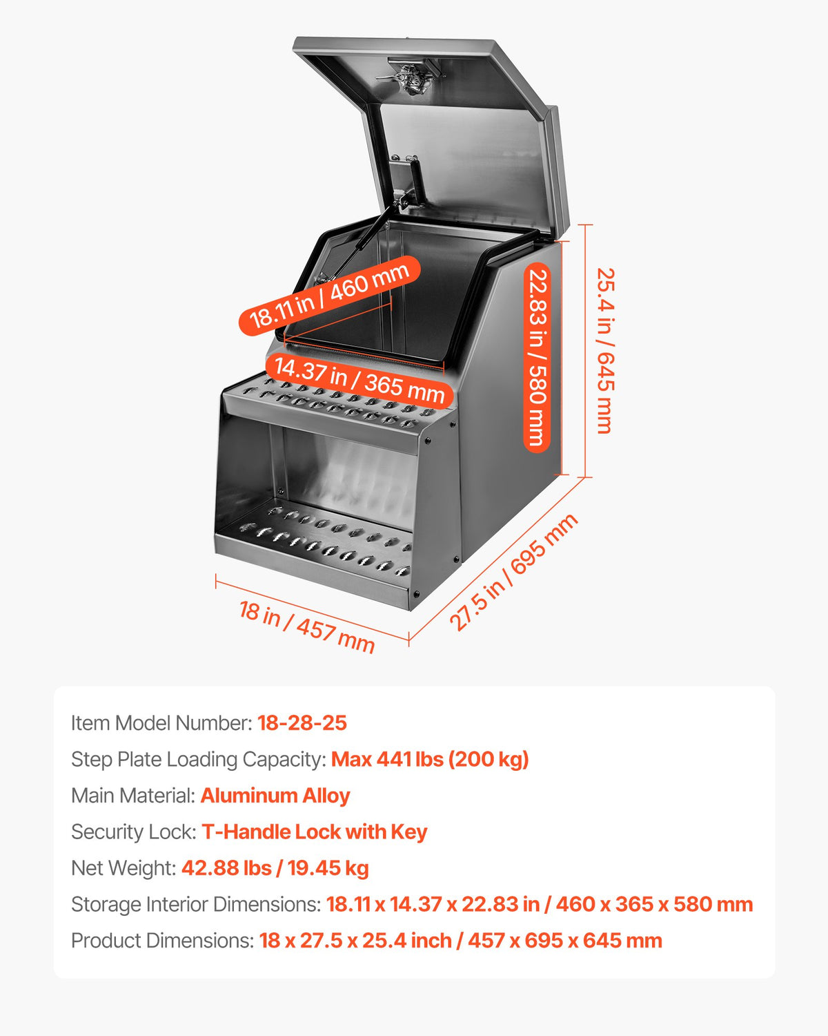 VEVOR Semi-Truck Step Tool Box, 18" x 27.5" x 25.4" Heavy Duty Aluminum Toolbox Side Mount, Waterproof Side Storage Saddle Step Box with T-Handle Lock & Keys for Semi Trucks, Flatbed Trailers - BTGJXBTGJX3TXN6E4001V0 - view 8