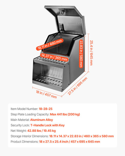 VEVOR Semi-Truck Step Tool Box, 18" x 27.5" x 25.4" Heavy Duty Aluminum Toolbox Side Mount, Waterproof Side Storage Saddle Step Box with T-Handle Lock & Keys for Semi Trucks, Flatbed Trailers - BTGJXBTGJX3TXN6E4001V0 - view 8