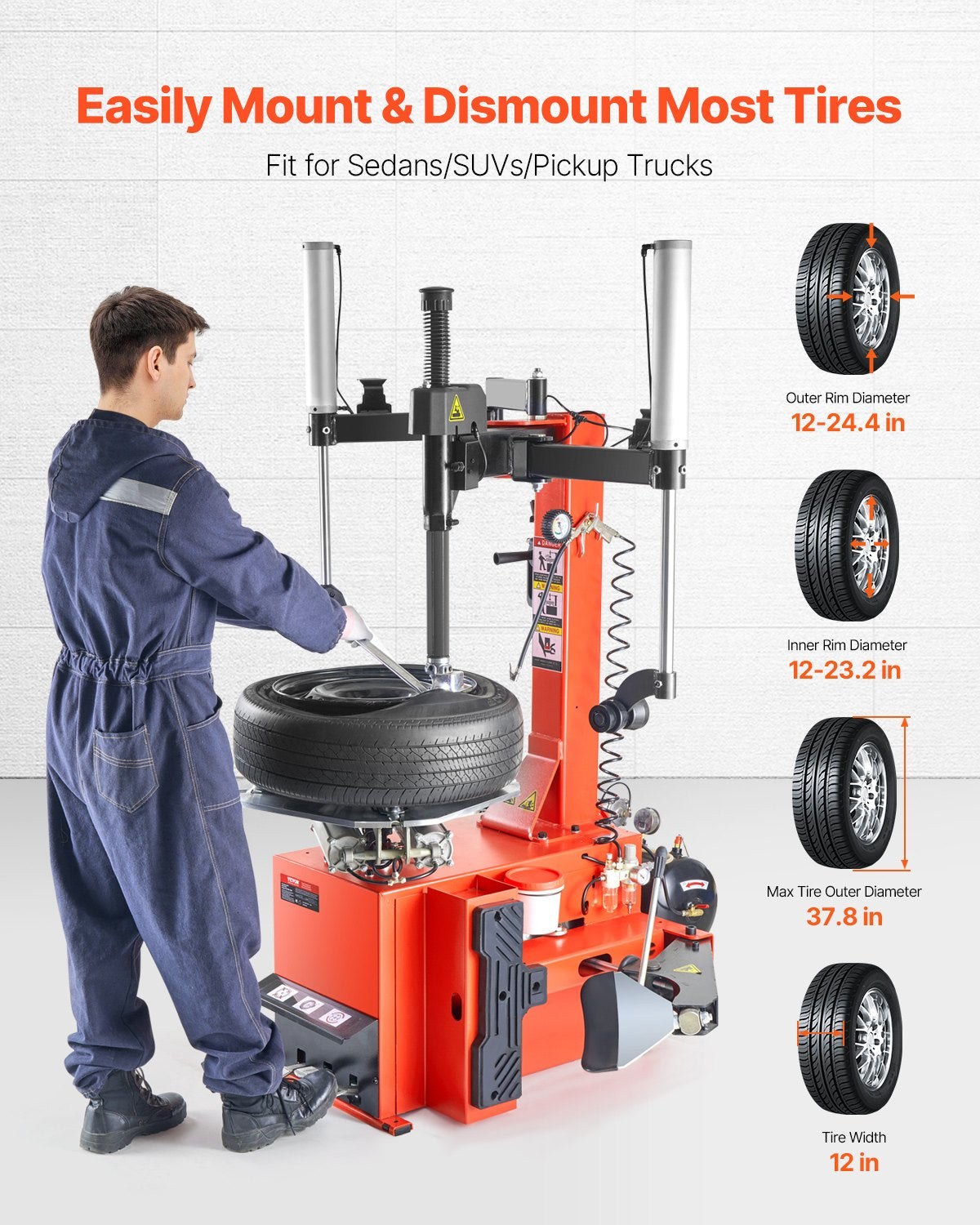 VEVOR Tire Changer Machine, 1.5HP Copper Motor, Durable Tire Changer with Air Pressure Gauge & Pneumatic Assist Arm, Pedal Operated Tire Changer with Thickened Chuck, Fit for Sedan/SUV/Pickup Truck - BTJDFZB000007O85OV1 - view 3
