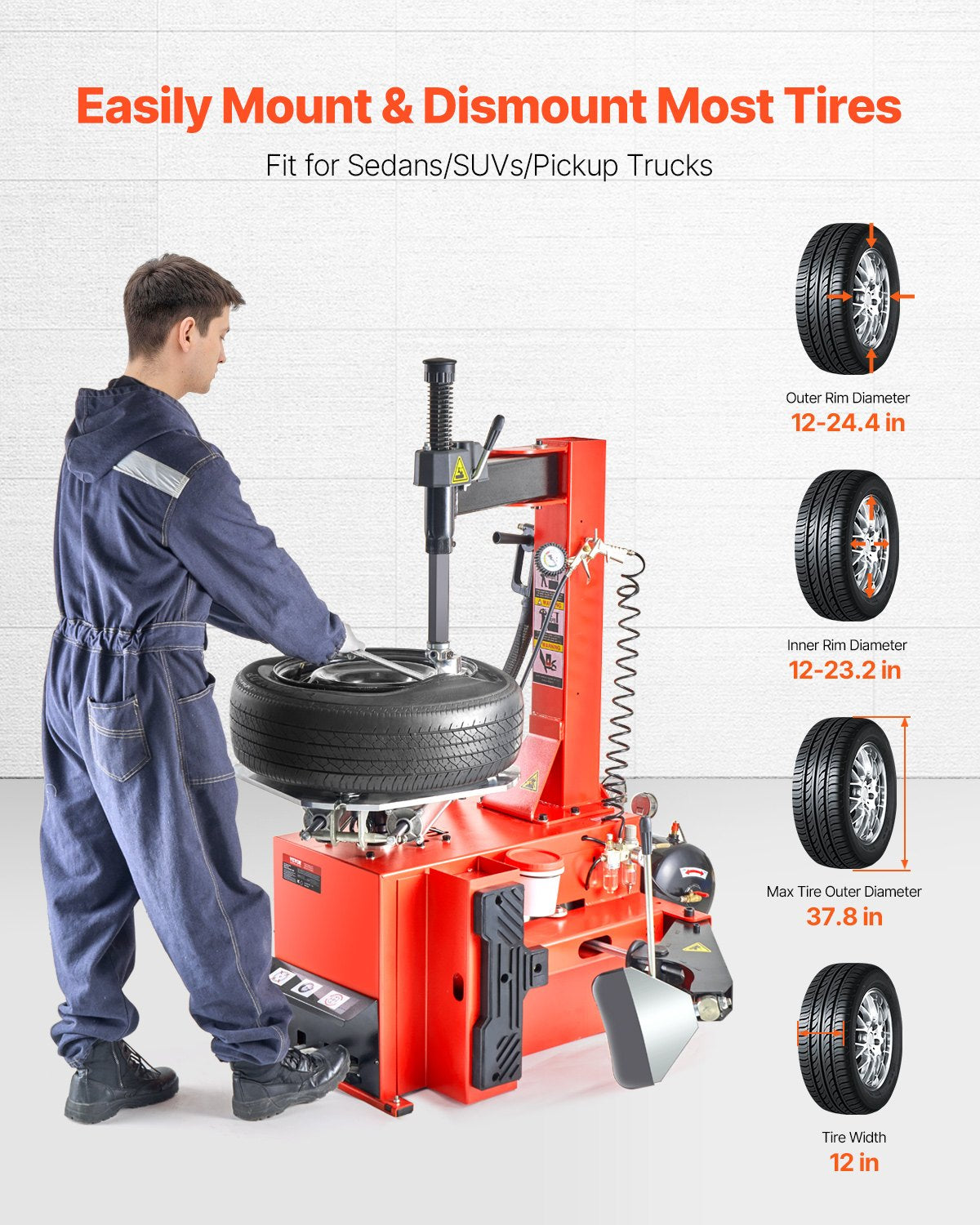 VEVOR Tire Changer Machine, 1.5HP Copper Motor, Durable Tire Changer with Air Pressure Gauge & Clamping Jaw Sheath, Pedal Operated Tire Changer with Thickened Chuck, Fit for Sedans/SUVs/Pickup Trucks - BTJWFZB00000CWAJMV1 - view 3