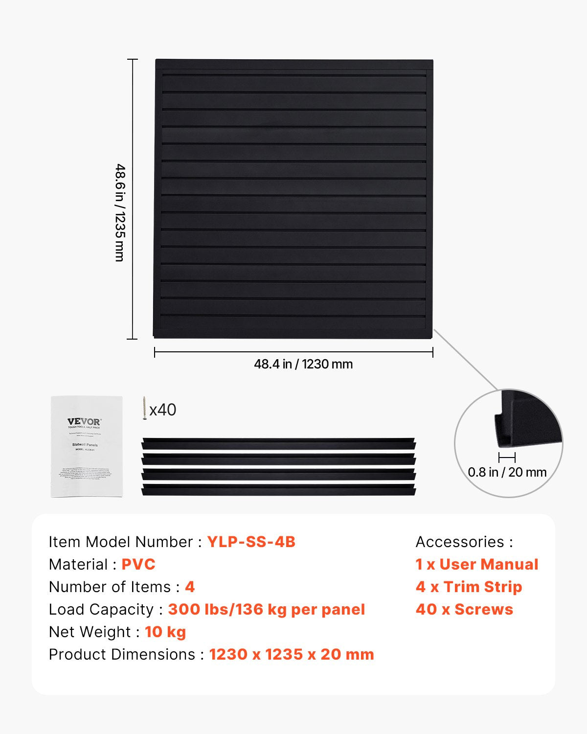 VEVOR Slat Wall Paneling, 4 x 4 ft, PVC Garage Slatwall with Modular Design, Black Slat Wall Easy-to-Install Adjustable Slatwall Panel with Coupling Structure & DIY Cutting, Fits for Storage & Display - BTQBPVC16SQF1YY74V0 - view 8