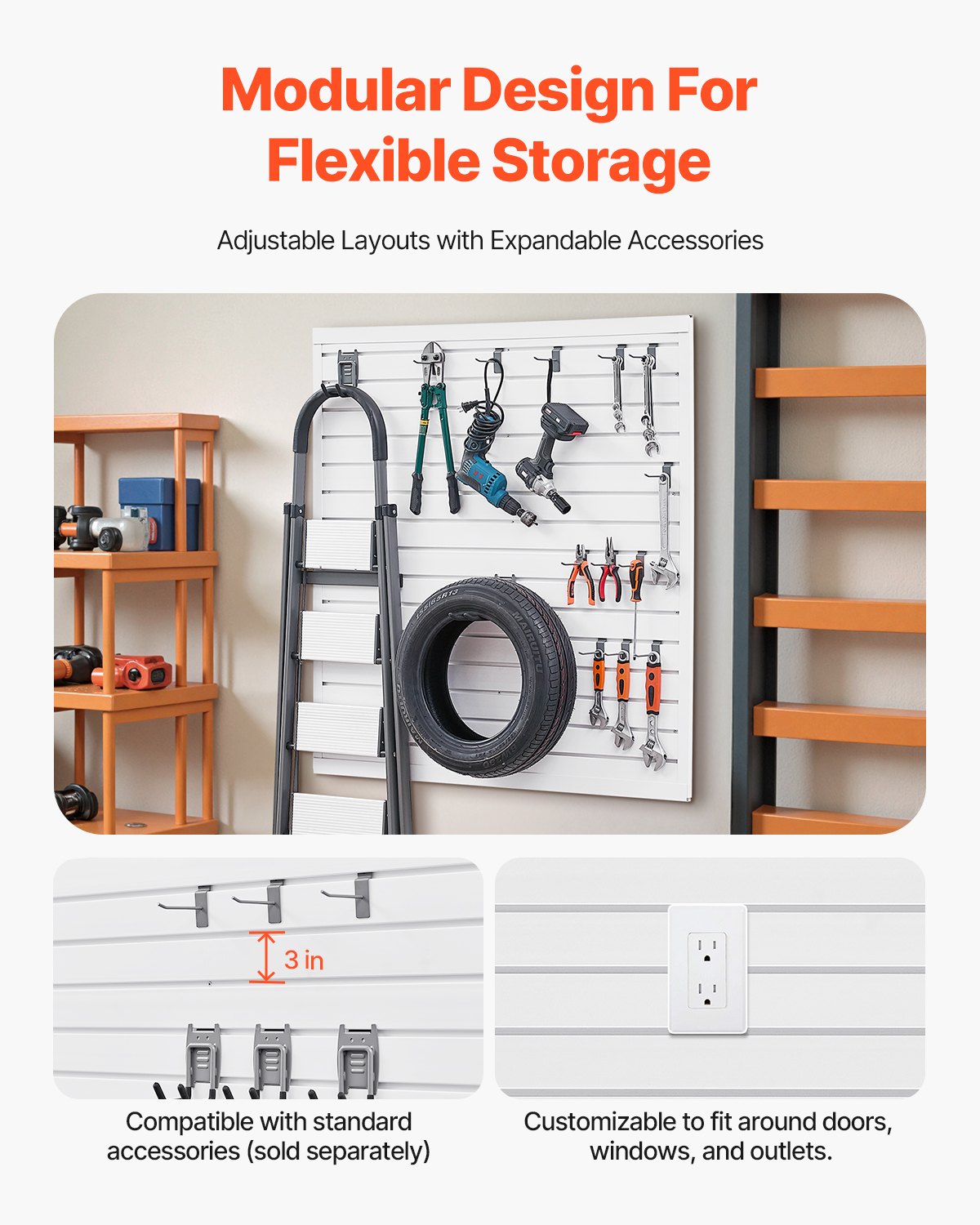 VEVOR Slat Wall Paneling, 4 x 4 ft, PVC Garage Slatwall with Modular Design, White Slat Wall Easy-to-Install Adjustable Slatwall Panel with Coupling Structure & DIY Cutting, Fits for Storage & Display - BTQBPVC16SQF6KZ18V0 - view 5