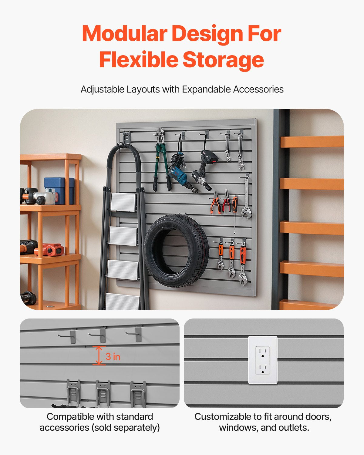 VEVOR Slat Wall Paneling, 4 x 4 ft, PVC Garage Slatwall with Modular Design, Grey Slat Wall Easy-to-Install Adjustable Slatwall Panel with Coupling Structure & DIY Cutting, Fits for Storage & Display - BTQBPVC16SQFKGLEXV0 - view 5