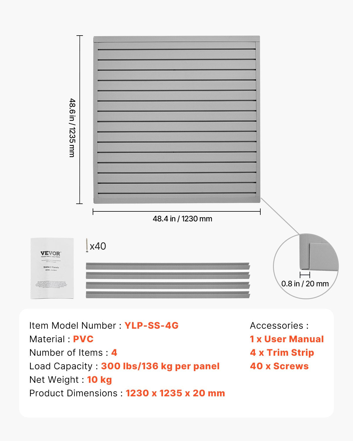 VEVOR Slat Wall Paneling, 4 x 4 ft, PVC Garage Slatwall with Modular Design, Grey Slat Wall Easy-to-Install Adjustable Slatwall Panel with Coupling Structure & DIY Cutting, Fits for Storage & Display - BTQBPVC16SQFKGLEXV0 - view 8
