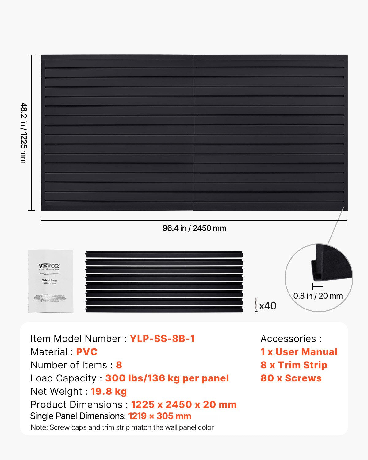 VEVOR Slat Wall Paneling, 8 x 4 ft, PVC Garage Slatwall with Modular Design, Black Slat Wall Easy-to-Install Adjustable Slatwall Panel with Coupling Structure & DIY Cutting, Fits for Storage & Display - BTQBPVC32SQFH2S7MV0 - view 8