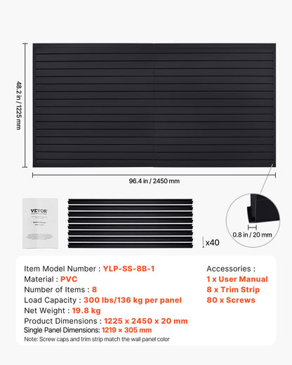 VEVOR Slat Wall Paneling, 8 x 4 ft, PVC Garage Slatwall with Modular Design, Black Slat Wall Easy-to-Install Adjustable Slatwall Panel with Coupling Structure & DIY Cutting, Fits for Storage & Display - BTQBPVC32SQFH2S7MV0 - view 8