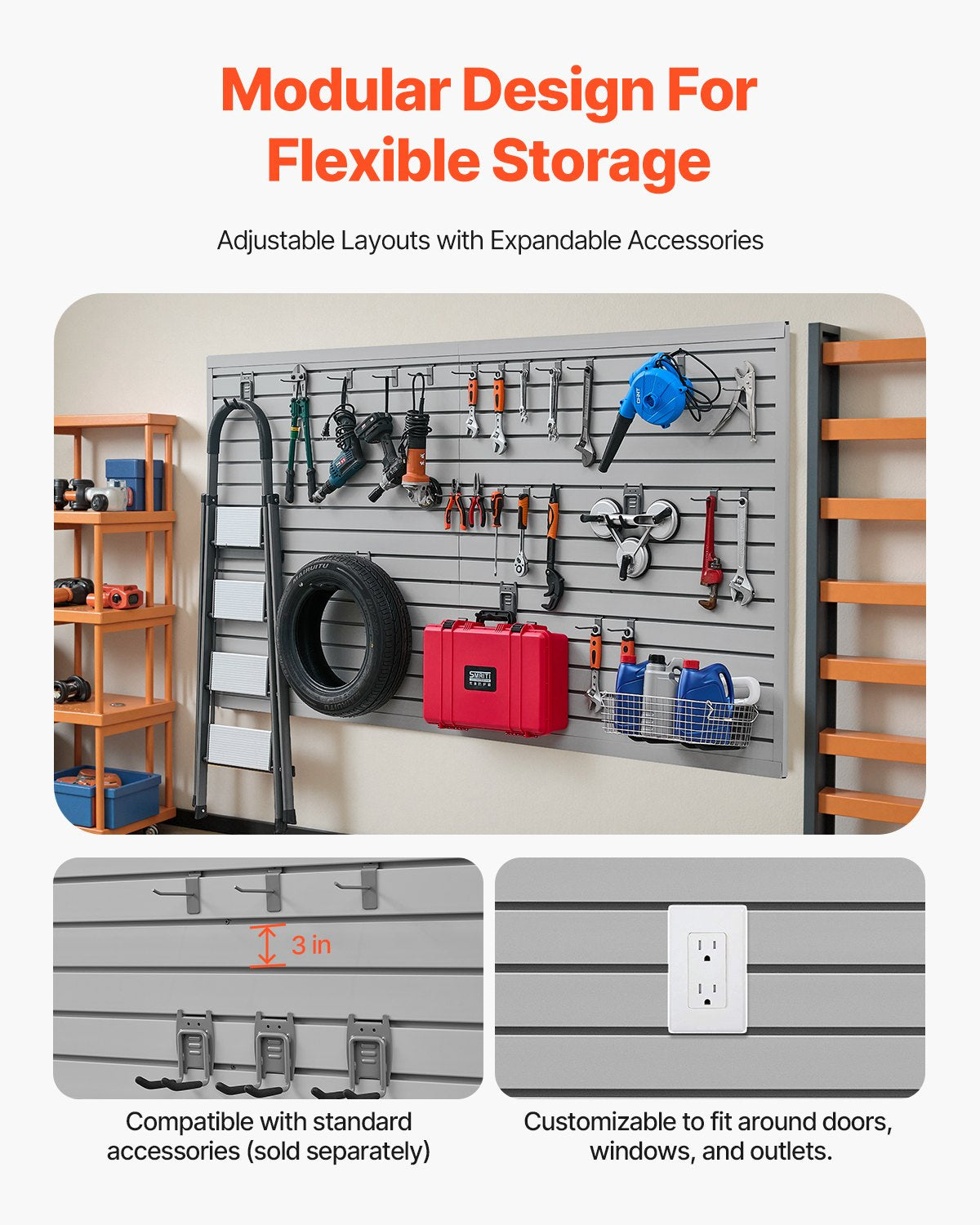 VEVOR Slat Wall Paneling, 8 x 4 ft, PVC Garage Slatwall with Accessories, Grey Slat Wall Easy-to-Install Adjustable Slatwall Panel with Coupling Structure & DIY Cutting, Fits for Storage & Display - BTQBPVC32SQFKNE5MV0 - view 5