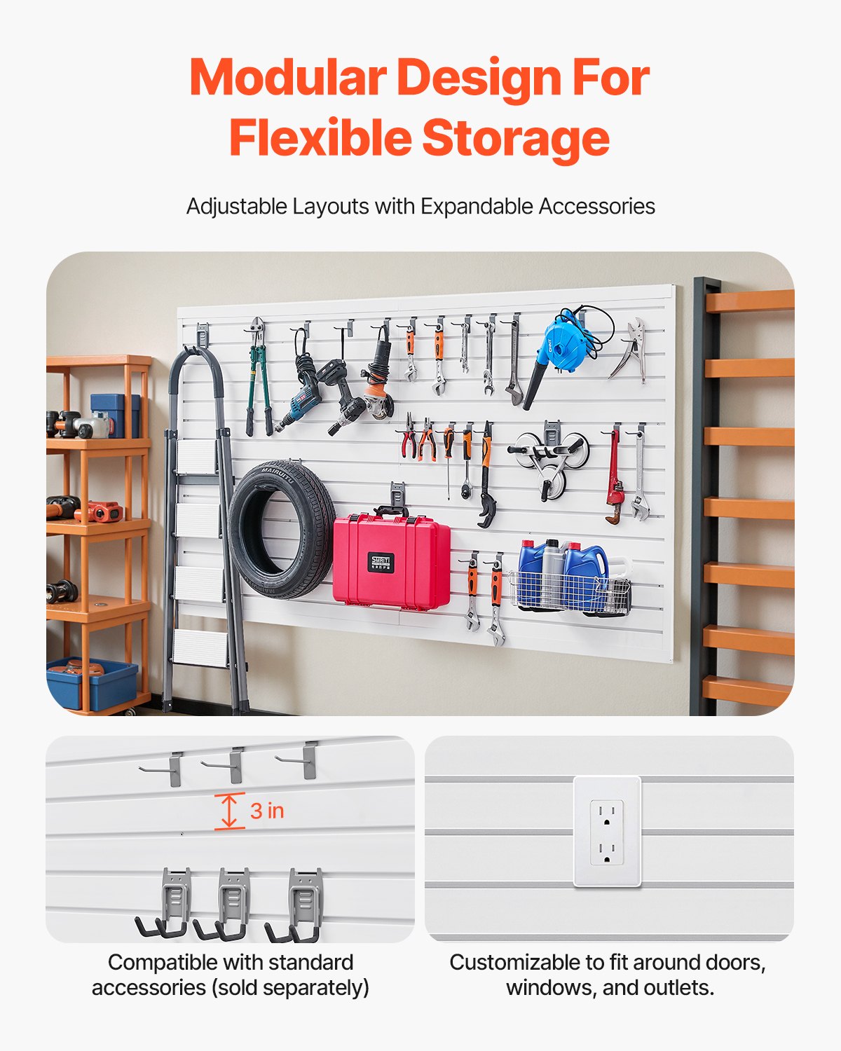 VEVOR Slat Wall Paneling, 8 x 4 ft, PVC Garage Slatwall with Accessories, White Slat Wall Easy-to-Install Adjustable Slatwall Panel with Coupling Structure & DIY Cutting, Fits for Storage & Display - BTQBPVC32SQFKWPZFV0 - view 5