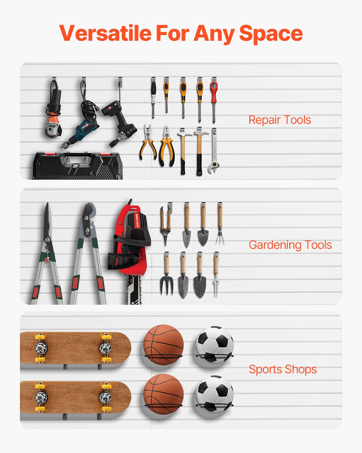 VEVOR Slat Wall Paneling, 8 x 4 ft, PVC Garage Slatwall with Accessories, White Slat Wall Easy-to-Install Adjustable Slatwall Panel with Coupling Structure & DIY Cutting, Fits for Storage & Display - BTQBPVC32SQFKWPZFV0 - view 6